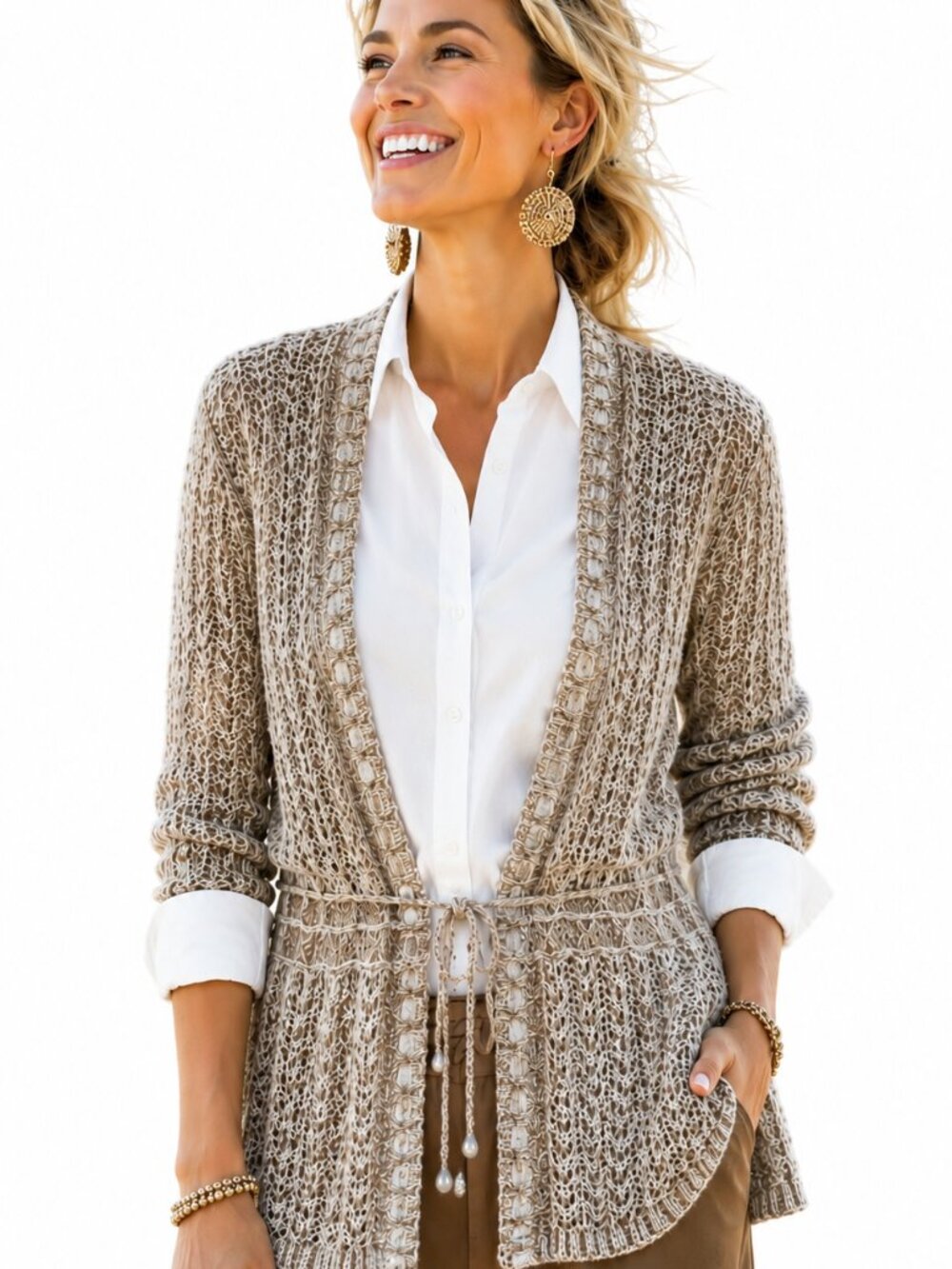 Cotton rich Open knit sweater cardigan, with tie waist detail